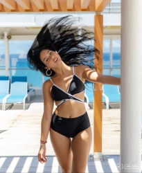 eSVYN Cross Body Bikini Top Black w/ White Trim - Worn by Ms. Latina International